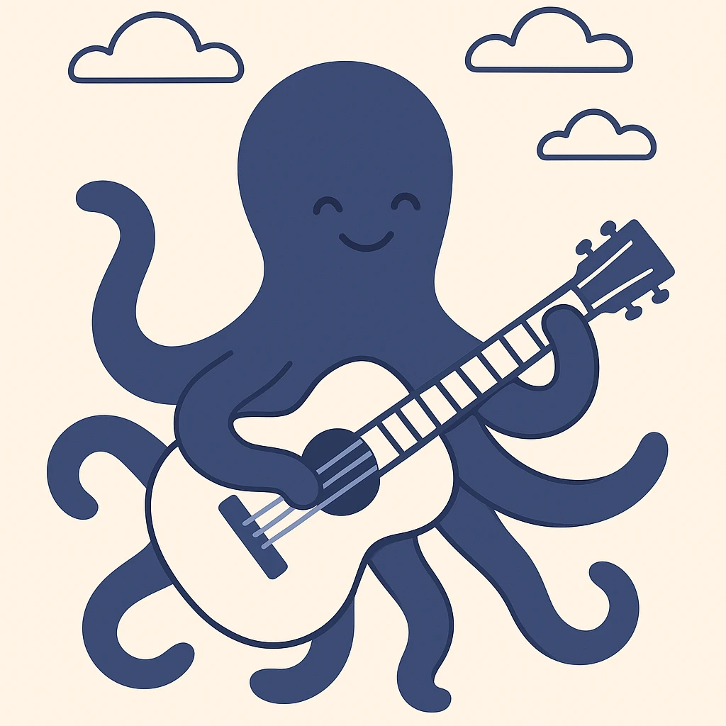 happy octopus with multiple arms playing guitar emoji