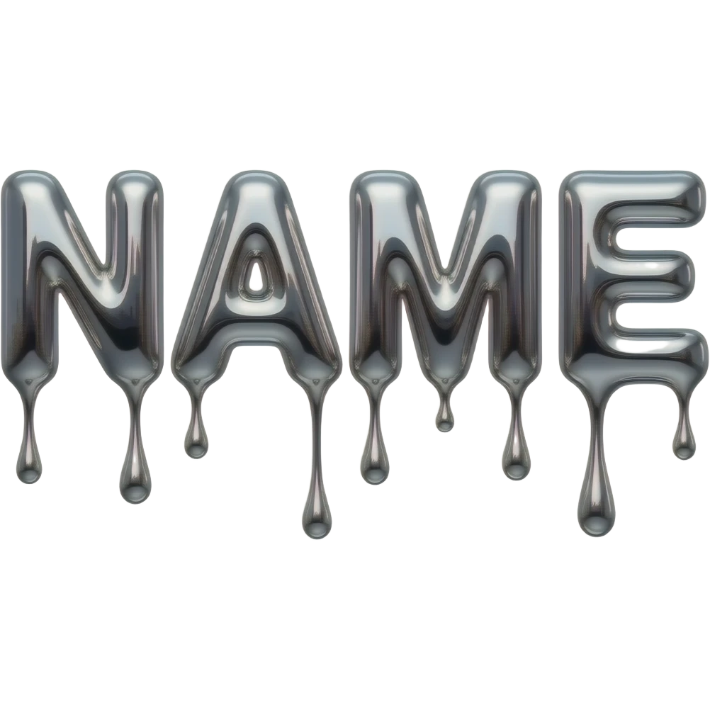 A hyper-realistic text 'NAME' made of flowing, high-polish liquid chrome. Distorted reflections of a dark urban cityscape, sharp contrast, 8k resolution, 'Terminator' style aesthetic, clean and aggressive emoji