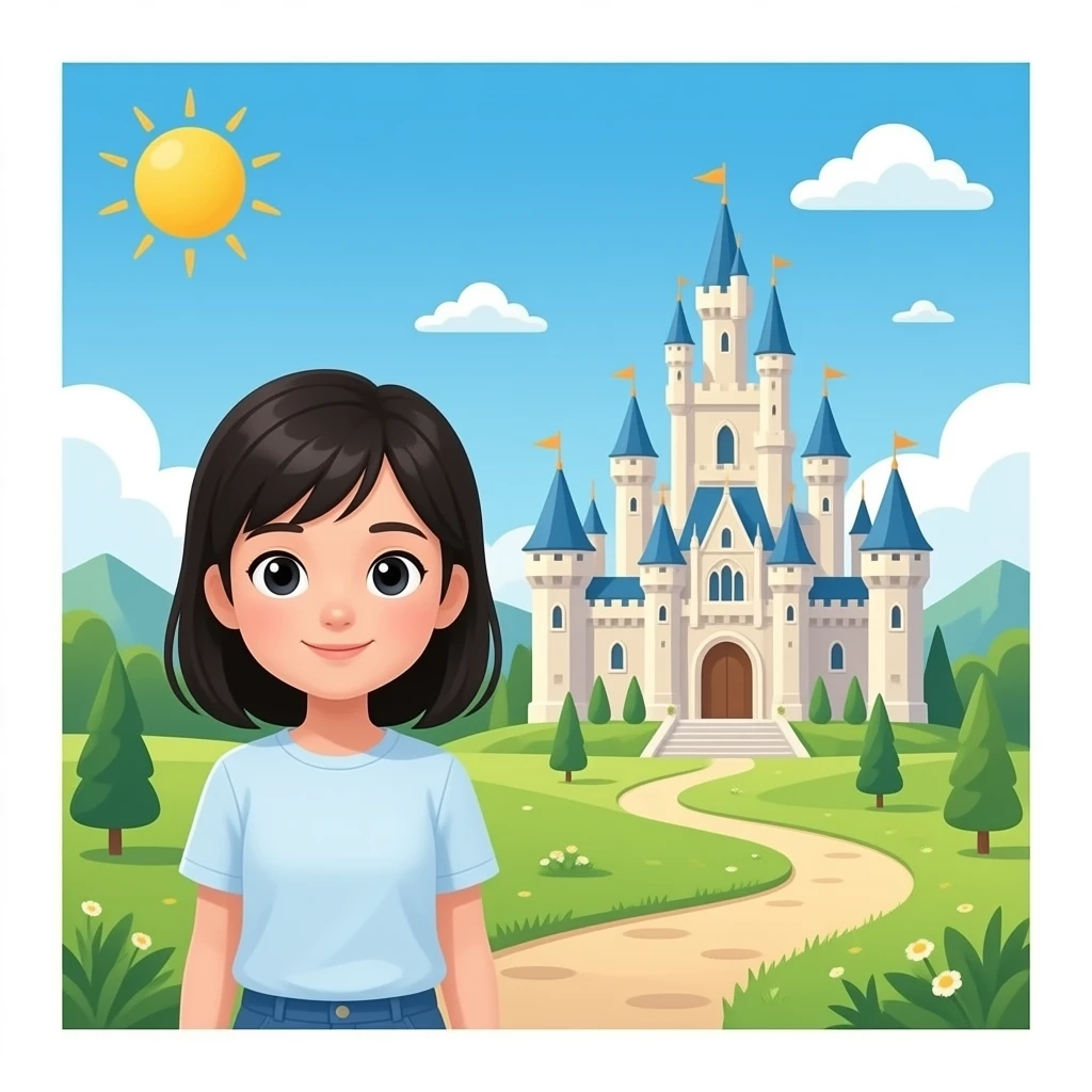 make the castle bigger and the girl smaller. she should also have black hair emoji