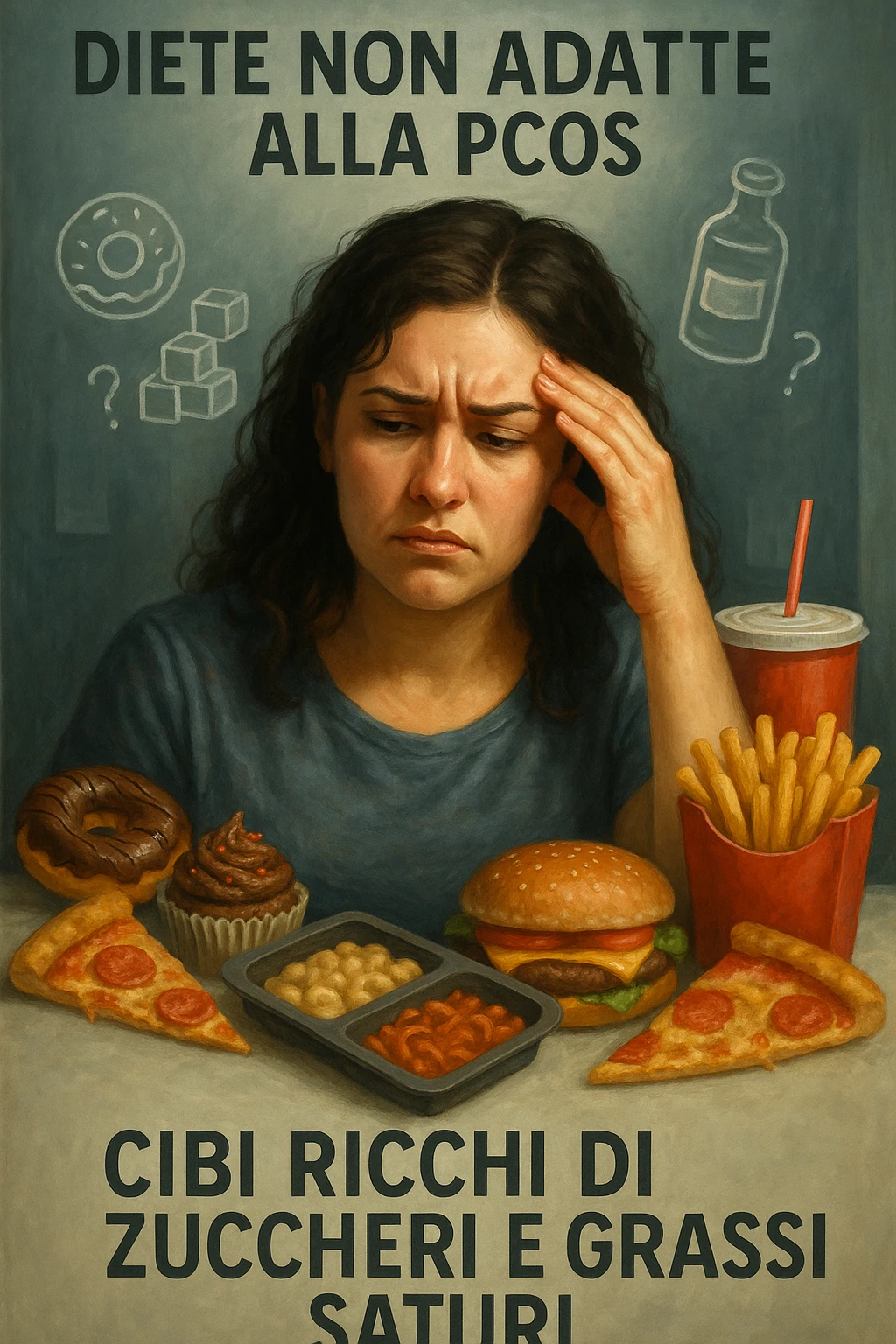 vertical realistic cinematic illustration in Italian: woman with PCOS following generic and wrong diets, confused or frustrated expression, symbols of unsuitable diet foods, captions in Italian explaining the mistakes, clinical atmosphere, dramatic lighting, aspect ratio 2:3 emoji