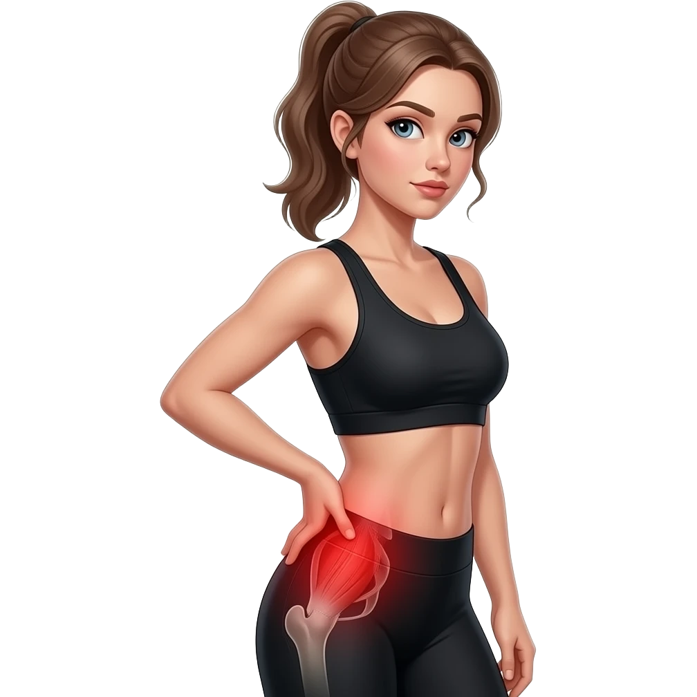 glute pain, anatomical highlight of glute muscles and pelvis, full red glow over the entire glute and hip area, side pose, woman touching hip and glute area, fair-skinned woman, gray-blue eyes, ash brown brows, ash light brown hair tied back, slim athletic body, black workout set emoji