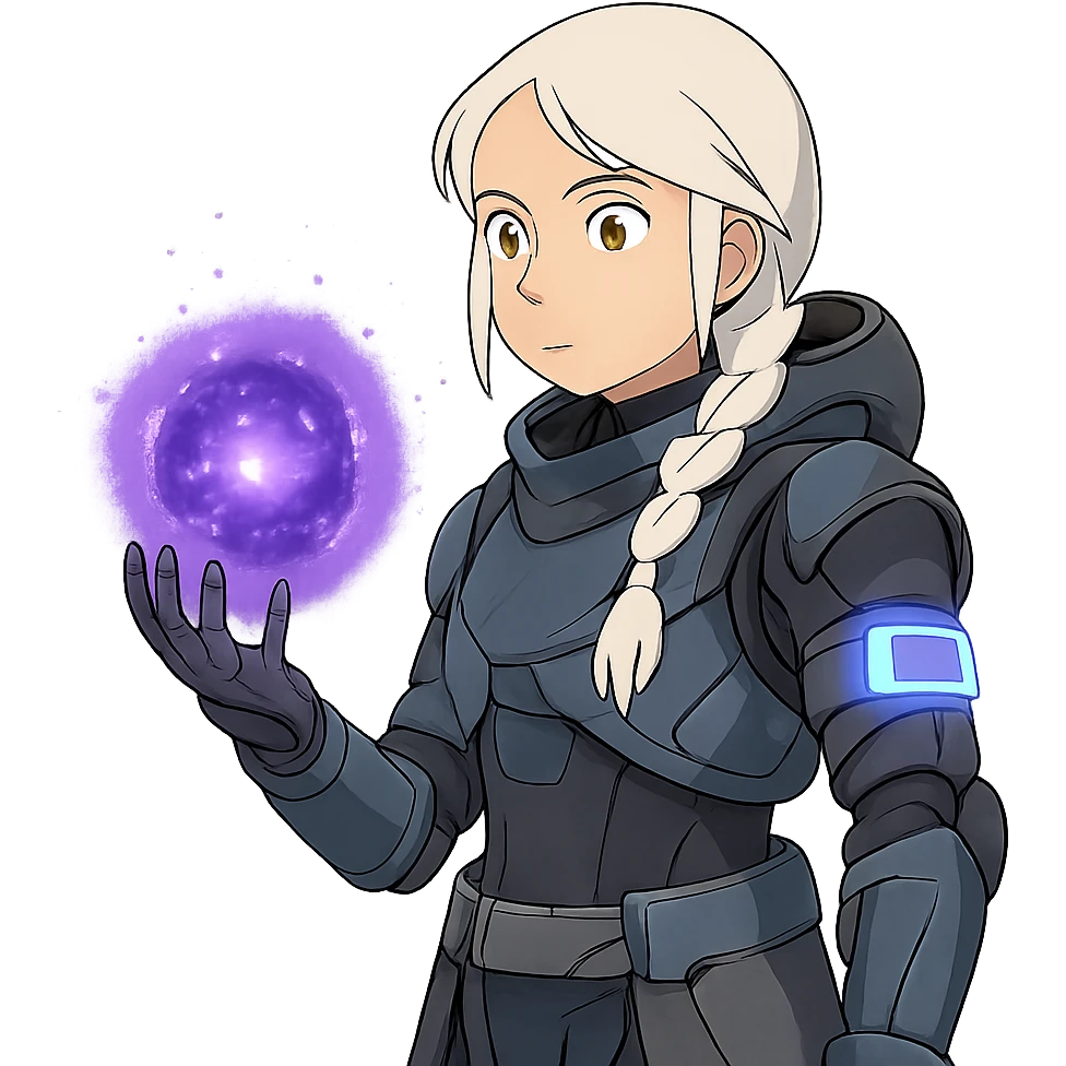 1 female, white hair long braid, gold yellow eyes, no helmet, a novice warlock from Destiny 2 armor, charging a void grenade in her hand, futuristic technology, with a glowing warlock bond, level 1 warlock emoji