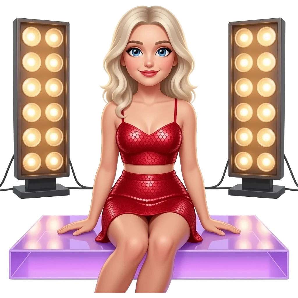 Sabrina Carpenter platinum blonde hair wears a red sequined two-piece seated on a wide, glowing translucent platform or runway that is backlit with a cool, lavender-tinted light, In the background, two large rectangular light banks provide intense, warm illumination emoji