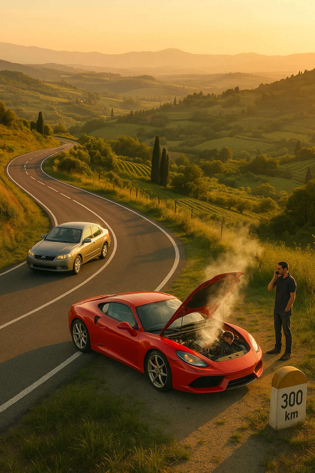 "Aerial view of winding mountain road through Italian countryside, steady reliable sedan maintaining consistent pace with confident driver, versus flashy supercar stopped at roadside with hood open and steam rising, mechanic being called on phone, 300km milestone sign visible in distance, moral lesson about reliability over showmanship, golden hour lighting" emoji