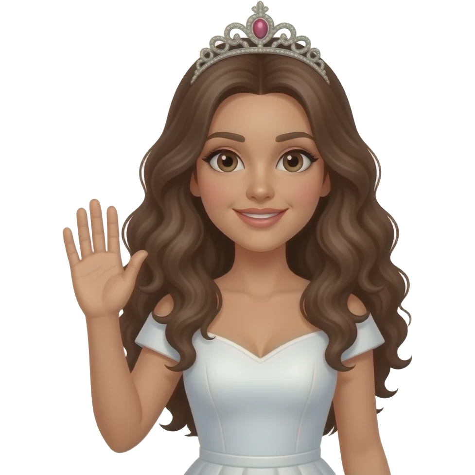 A woman with slightly tanned skin, long, curly brown hair, brown eyes, and a crown on her head, her hand raised as if to signal, like an emoticon on a mobile phone, against a transparent background. and white dress emoji