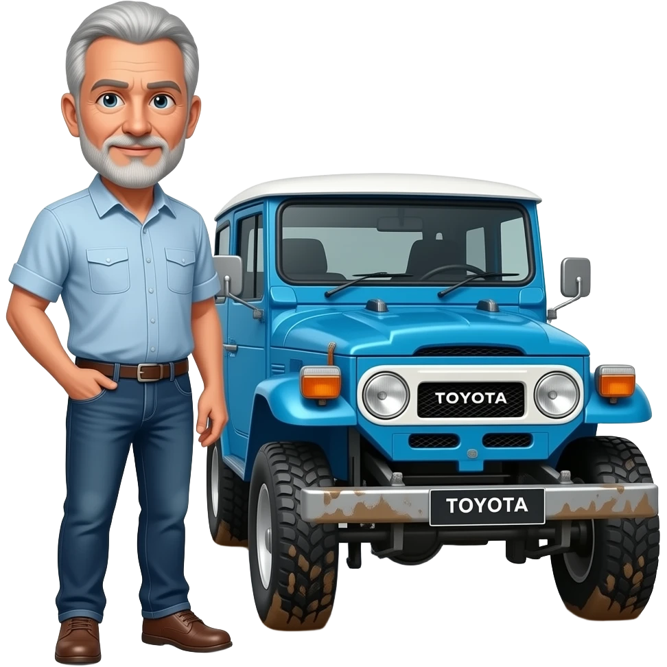 Toyota fj40 Land Cruiser emoji style with grey haired balding man with clean shaven face wearing jeans and short sleeve shirt standing next to blue fj40 with mud on tires emoji
