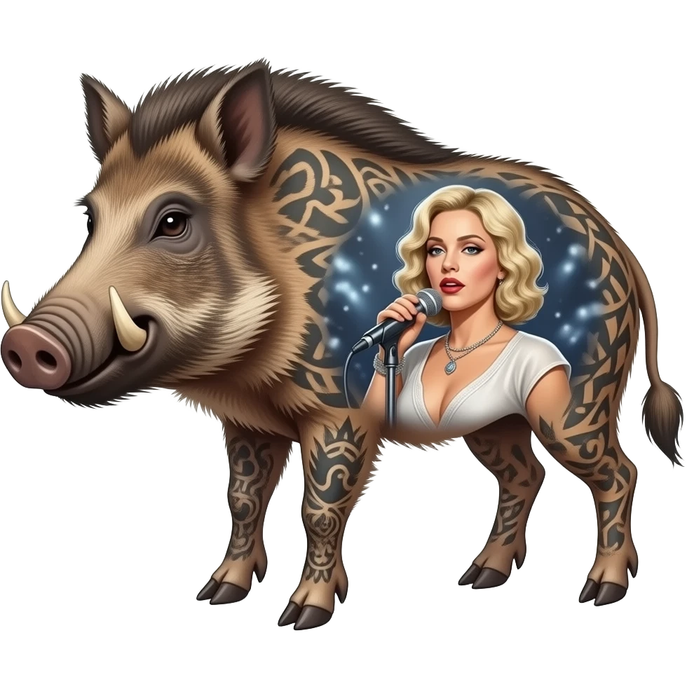 cinematic surrealistic - a tattooed boar with very thin long legs from a painting by Salvador Dali carries the ethereal body of singer Madonna on its back emoji