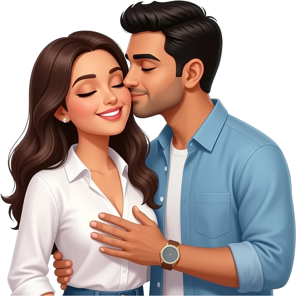 Husband kissing wife lovingly Indian couple modern casual dress. Husband hand on wife chest. Lady low neck, husband no beard no moustache emoji