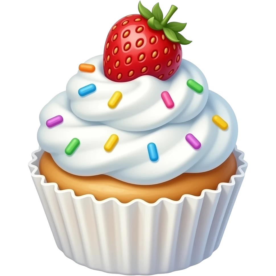 A super cute cupcake with fluffy white whipped cream, rainbow sprinkles, and a whole strawberry clearly placed on top of the cream (not embedded, not covered), fully visible strawberry, kawaii style, soft pastel colors, round shapes, smooth texture, emoji design, minimal background emoji