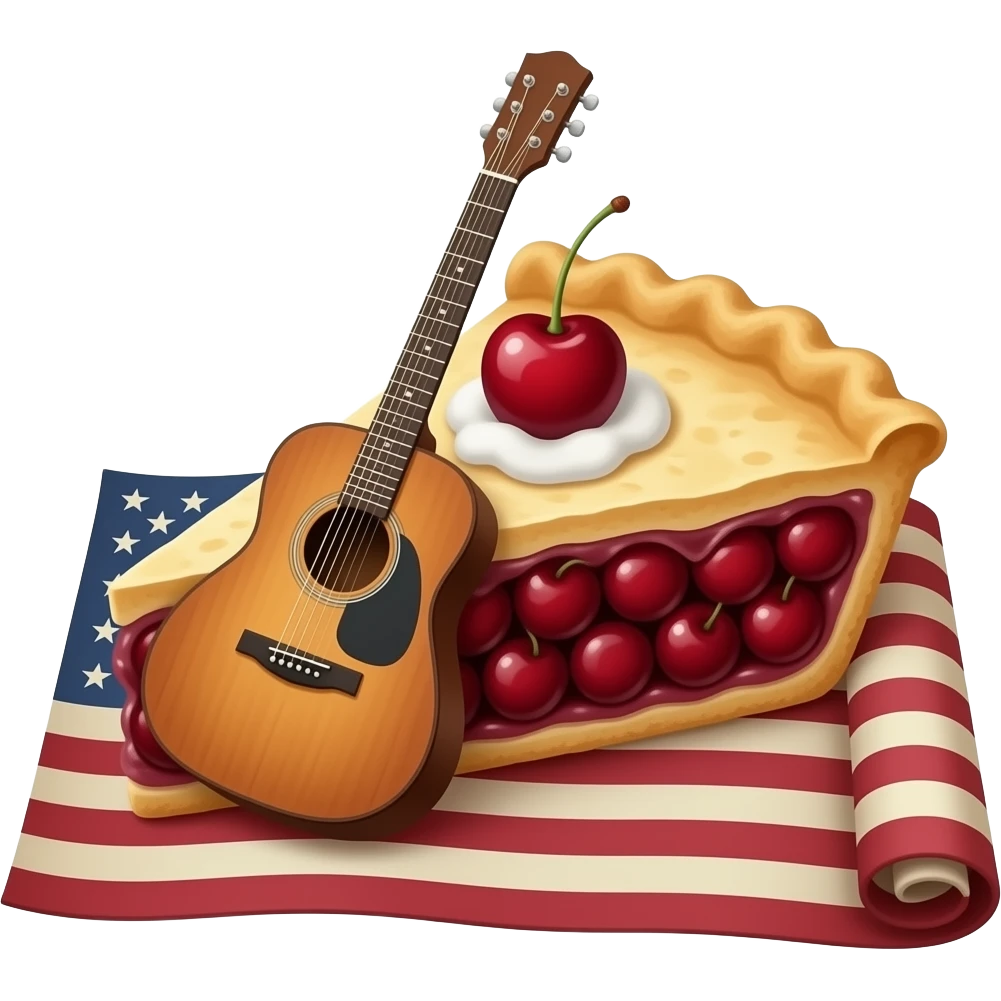 An old guitar peeks out from a piece of cherry pie that is placed on a rolled-up old American flag. emoji