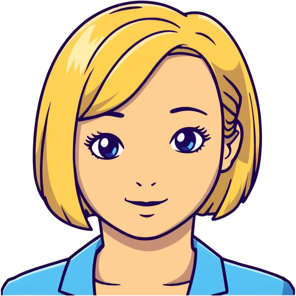 Mrs. Maria, math and artificial intelligence teacher, no glasses, thin nose, blonde eyebrows, blonde bob hair, blue eyes emoji