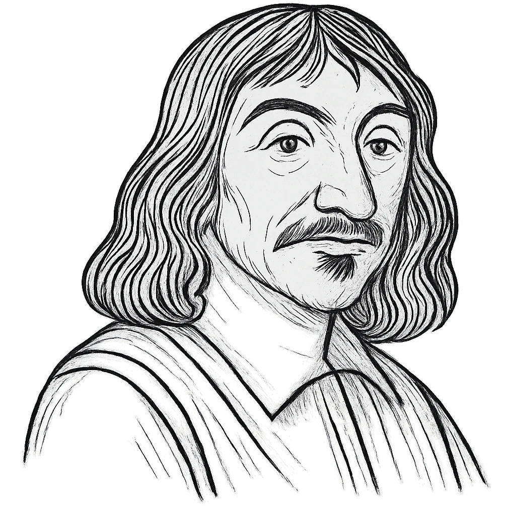 Enhance the Descartes black outline icon with more detailed and refined facial features, hair, and clothing, maintaining the hand-drawn black outlined style with no fill. Keep the transparent background. emoji