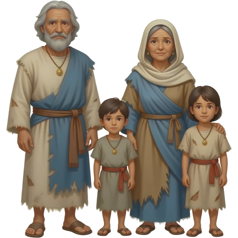 A poor nomadic family with an old man old woman and 2  children, wearing old tattered draped clothing from biblical times emoji