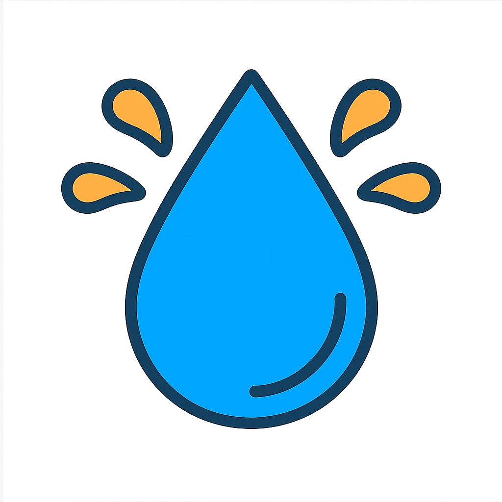 cartoon sweat drop bursting with splash marks, vibrant and playful, colorful outlined icon style emoji