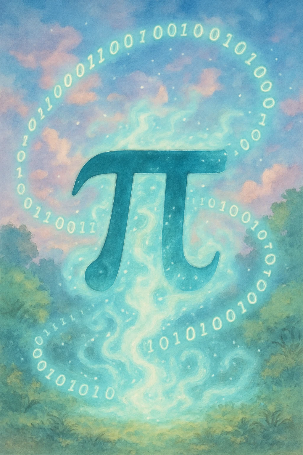  combine the π (pi) math symbol, binary code, and digital mist emerging from it. emoji