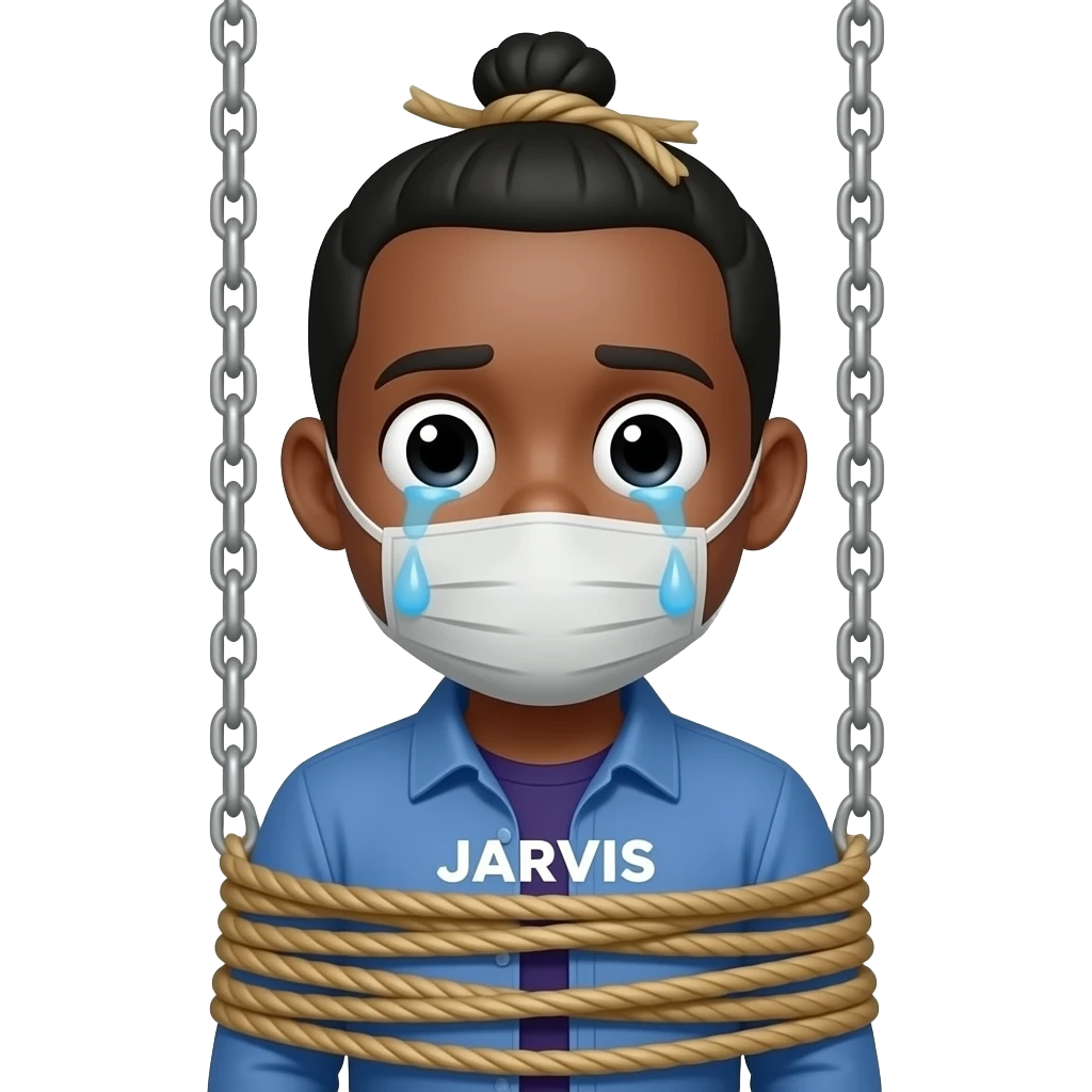 Make an emoji of a black man tied up in a sex swing with a word JARVIS on his shirt and his mouth taped shut with tears coming out his eyes and a knot on his head emoji