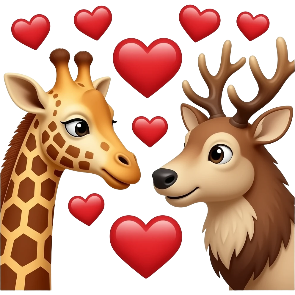 Einfacher Giraffenkopf und Elchkopf schauen sich an mit vielen Herzchen emoji
