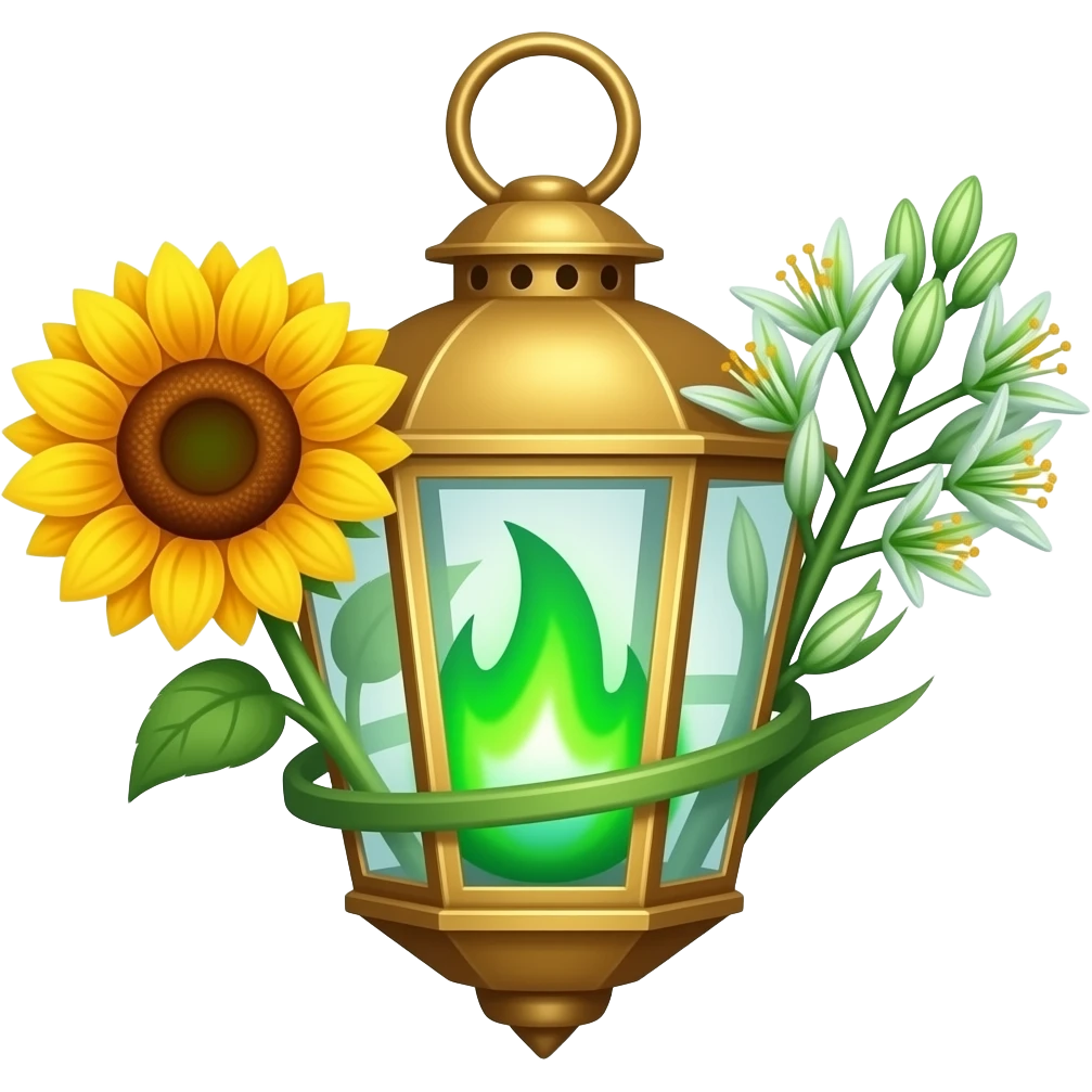 A golden hanging lantern with a bright emerald flames, an empty loop on top, blooming sunflower (l) & asphodel (r) wrapping it, focus more on the green fire, paint the glass more green, have its bottom point come to some sort of point emoji