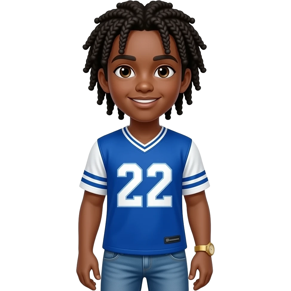 African American teenage boy with cornrow braids wearing a blue and white jersey shirt with 22 on it wearing denim jeans wearing a gold wtch emoji