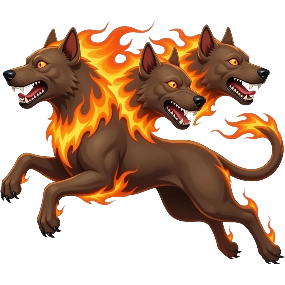 cinematic - cerberus, a three-headed haunting flaming dog - jumping - that guards the gates of the underworld emoji
