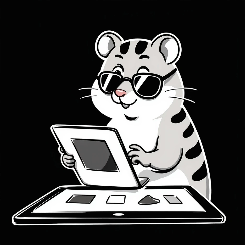 unique, colorful, hand-drawn, modern, realistic hamster with cool glasses, creating a design or making animations, showing creative action, solid black background, illustrated in Procreate on an iPad, not kiddish emoji