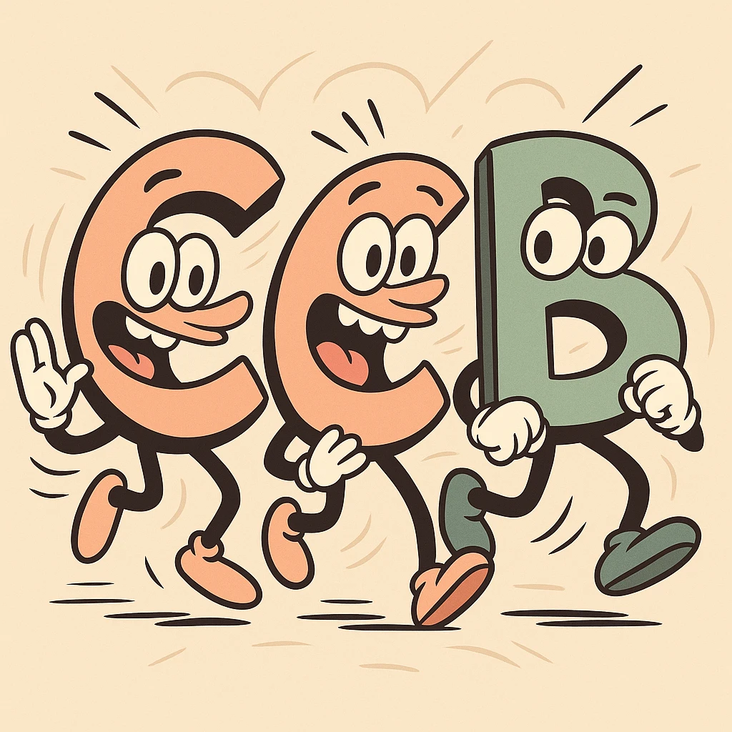 letters CCB in an animated style, playful and lively, with motion lines or effects to suggest animation emoji