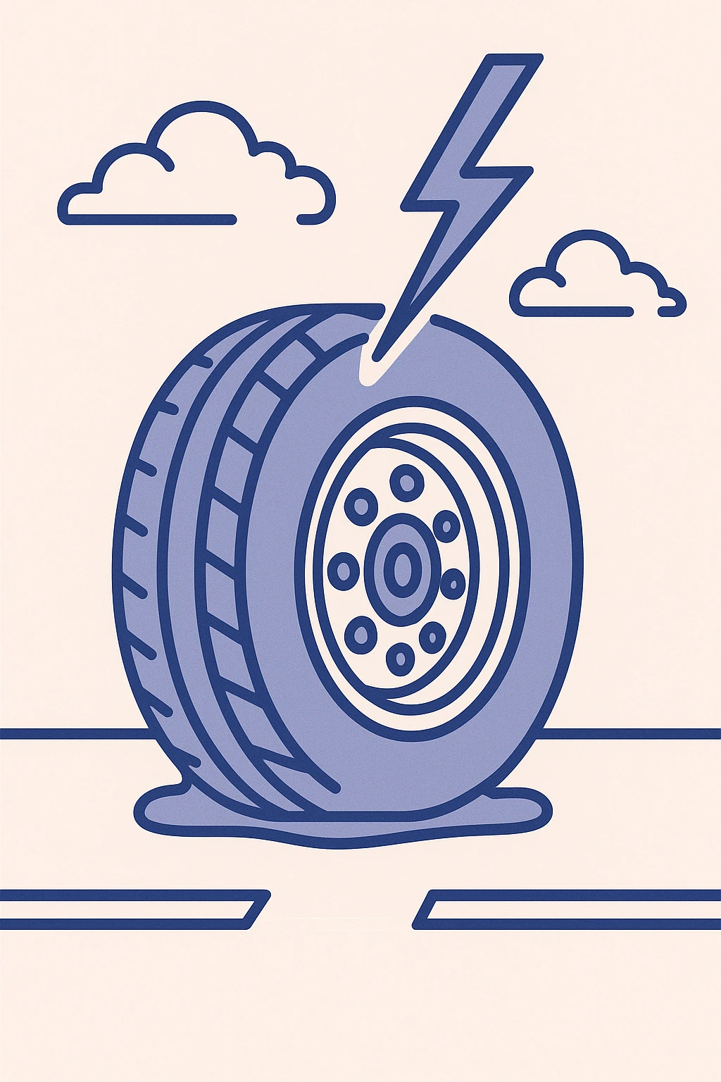 close-up of a deflated semi tire on a road with a lightning bolt hitting it, flat illustration style emoji
