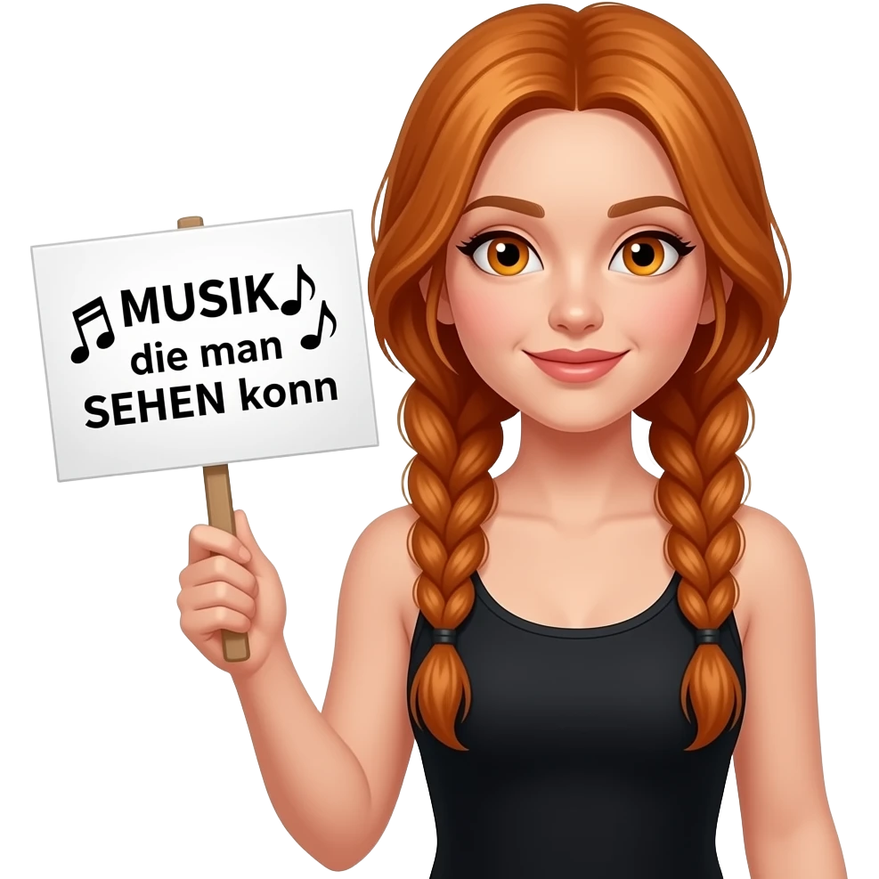 sexy girl with long ginger braids and ginger eyes wearing a black tanktop and is holding a white sign with 🎵MUSIK🎵 die man SEHEN kann written on it emoji