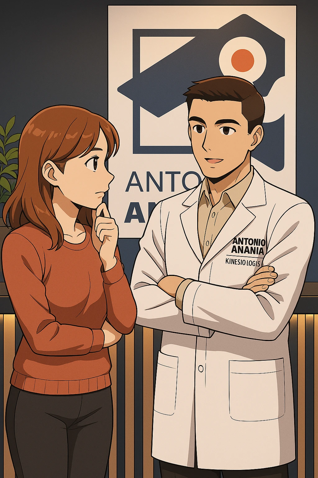 su questo stile fai un manga/webtoon a colori in cui una donna SI TOCCA IL MENTO CON L'INDICE MENTRE ASCOLTA PENSIEROSA L'UOMO, l'uomo della foto in stile manga LE SPIEGA CHE DEVE PROVARE LA SUA VALUTAZIONE MEDICA, mantieni un ambiente simile alla foto che ho allegato con il suo logo (sarebbe il suo studio, lui è un kinesiologo), scrivigli "ANTONIO ANANIA" sul camice bianco, non mettere fumetti, ma fai in modo che sembri che la donna ASCOLTI l'uomo emoji