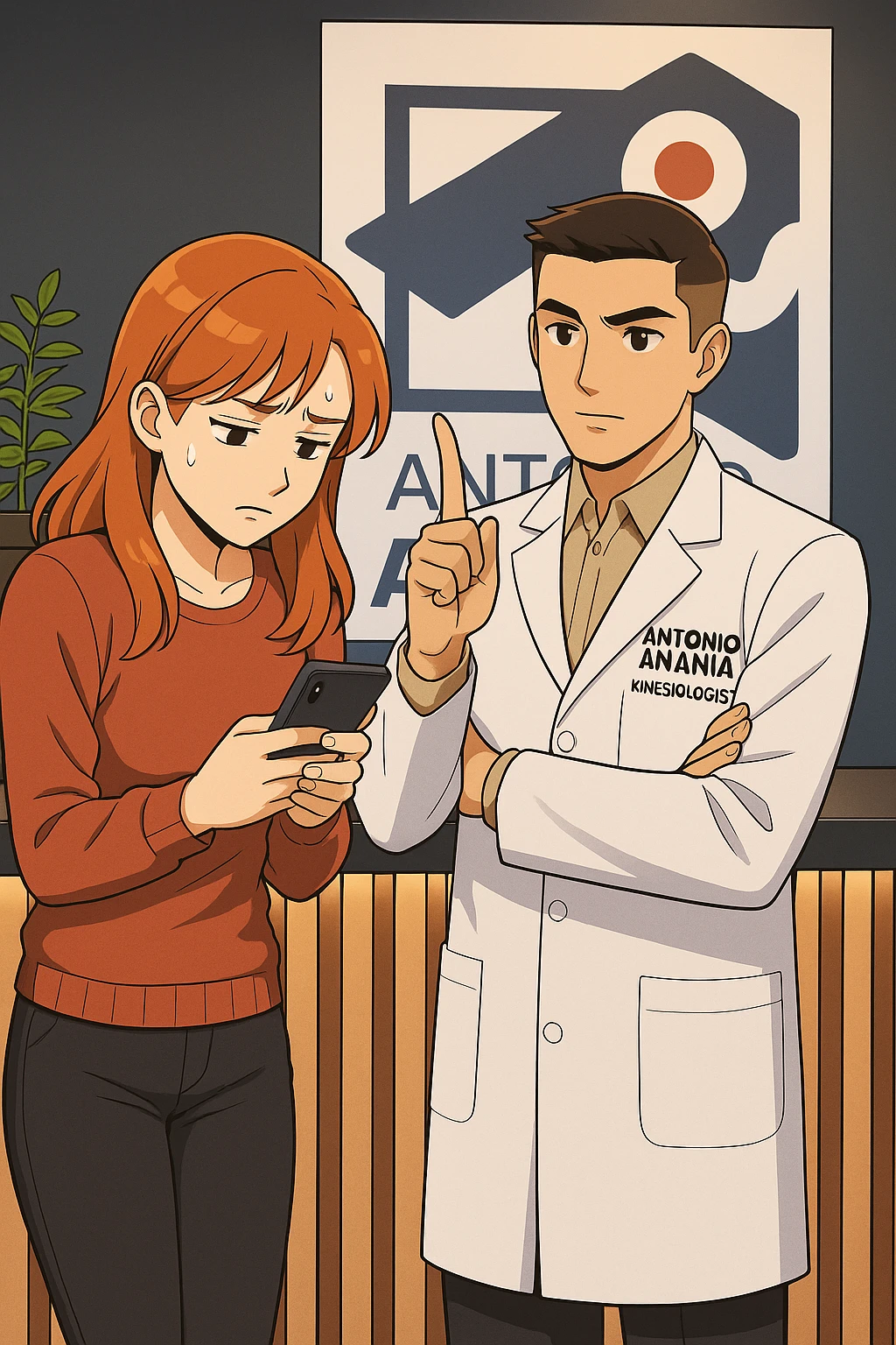 su questo stile fai un manga/webtoon a colori in cui una donna CONTROLLA LO SMARTPHONE MENTRE PARLA CON L'UOMO, l'uomo della foto in stile manga LE DICE DI "NO" CON IL DITO, mantieni un ambiente simile alla foto che ho allegato con il suo logo (sarebbe il suo studio, lui è un kinesiologo), scrivigli "ANTONIO ANANIA" sul camice bianco, non mettere fumetti, ma fai in modo che sembri che la donna CONTROLLI LO SMARTPHONE E L'UOMO CON I GESTI LE FACCIA CAPIRE CHE STA SBAGLIANDO emoji