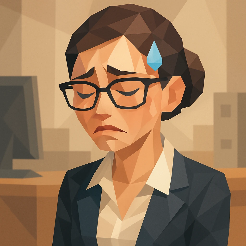 a hot office woman with glasses, a sweat drop coming down from her head, and an ashamed facial expression, modern illustration style emoji