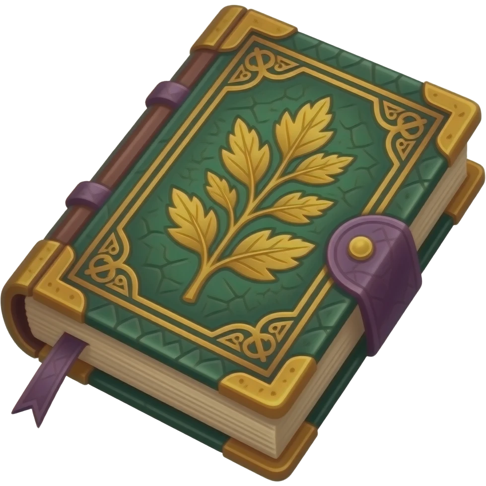 An ornate herb book in deep green leather and warm amber-gold, with embossed botanical motifs, fine vine-like detailing, slightly aged pages, and subtle violet accents, rendered in a sophisticated botanical fantasy style. emoji
