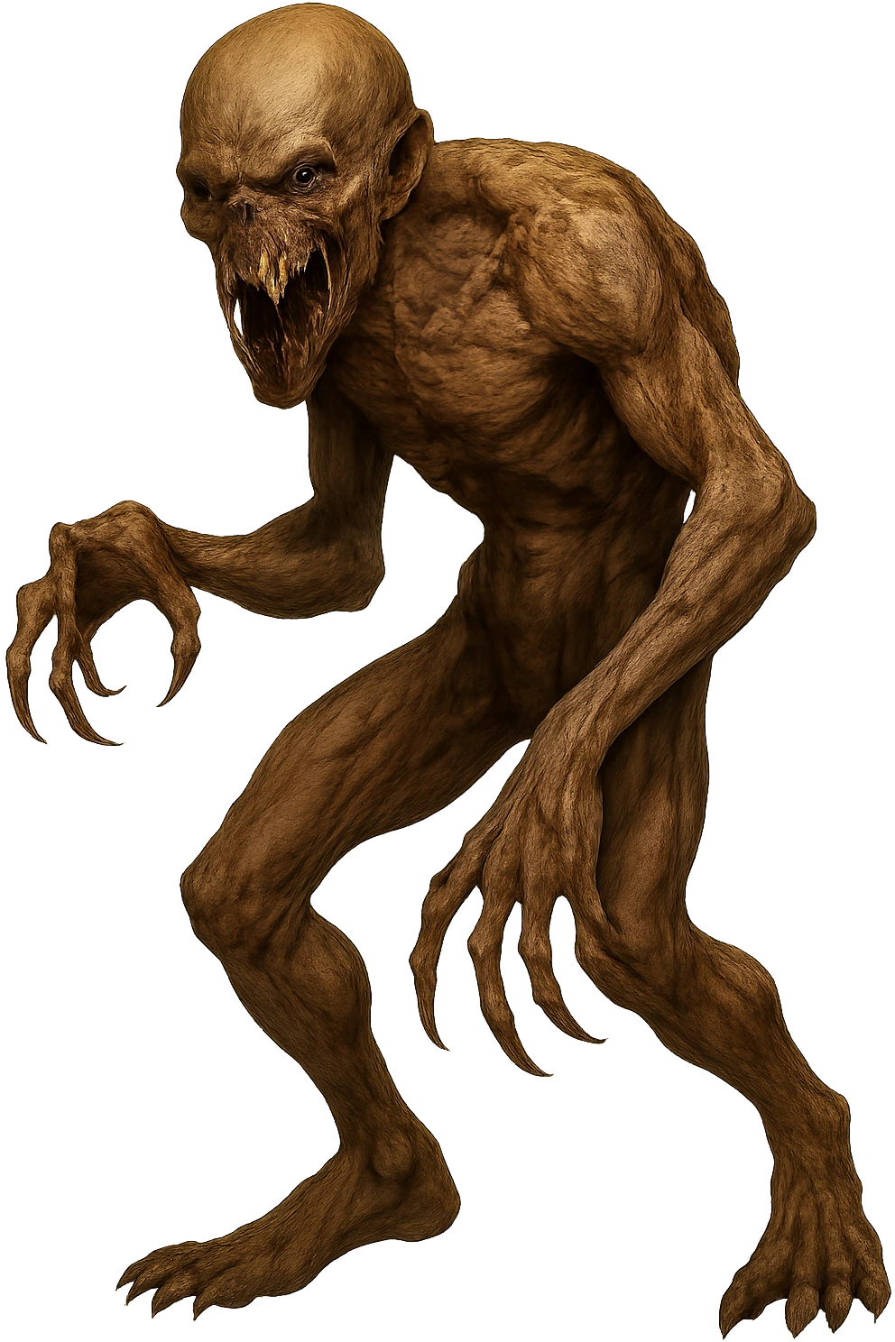 Show the entire monster, make it look huge and terrifying, realistic with twisted body, exposed fangs, unsettling expression, horror realism style, no background. emoji