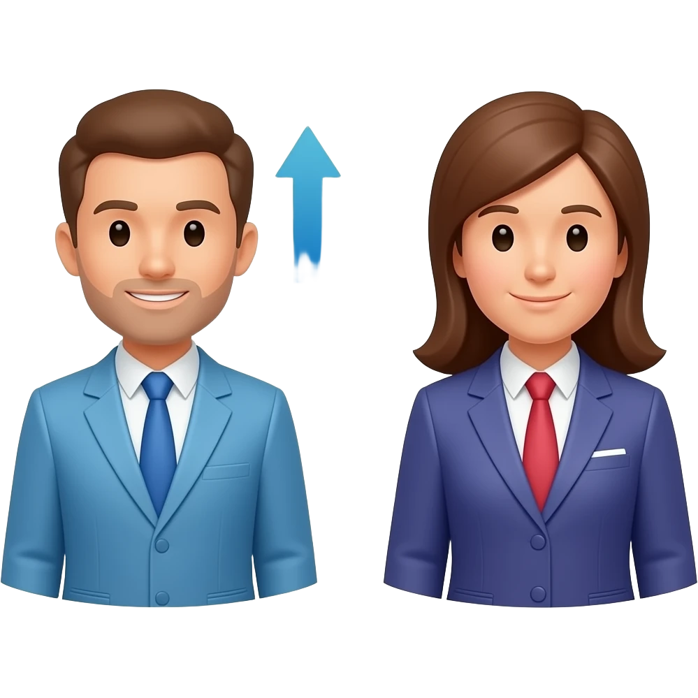 Simple emoji-style icon of two business people with ties connected by up and down arrows, minimal, flat, blue-to-purple gradient, clean and modern. emoji