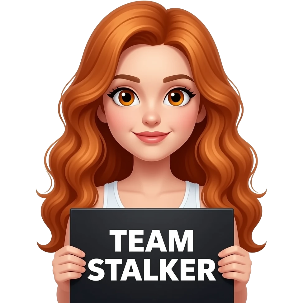sexy girl with long wavy ginger hair and ginger eyes wearing a white tanktop is holding a black colored sign with TEAM STALKER written on it emoji