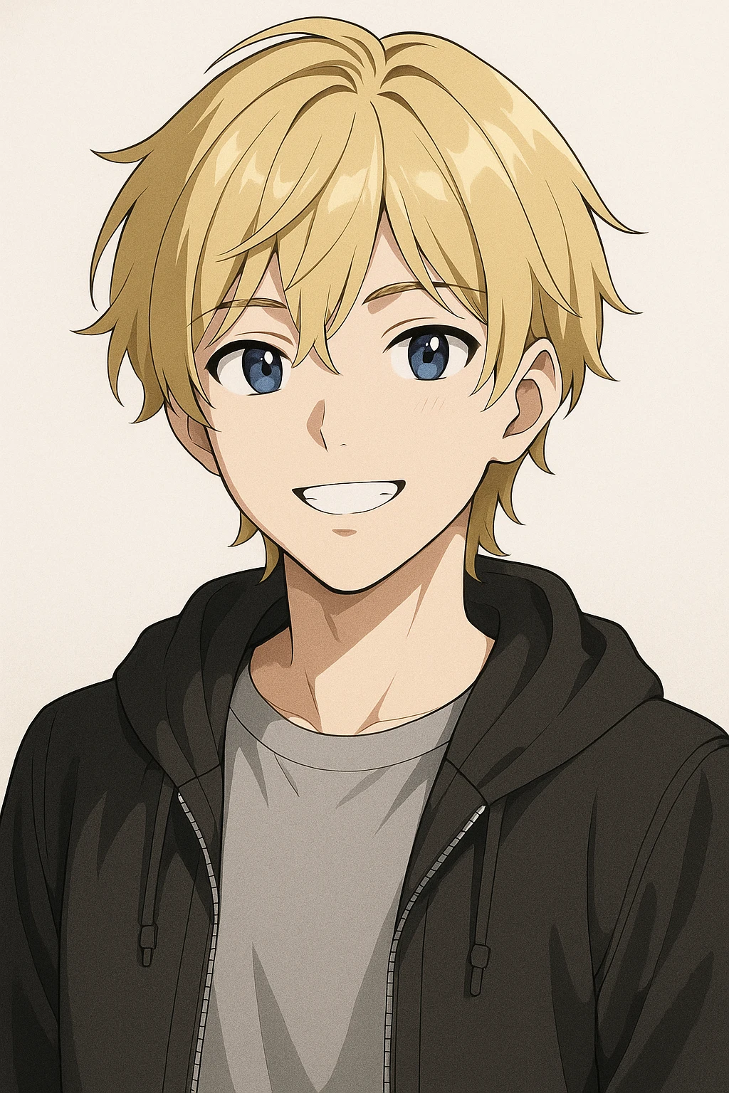 anime style portrait of an 18 year old young person with blonde hair, smiling, modern clothing, light background emoji