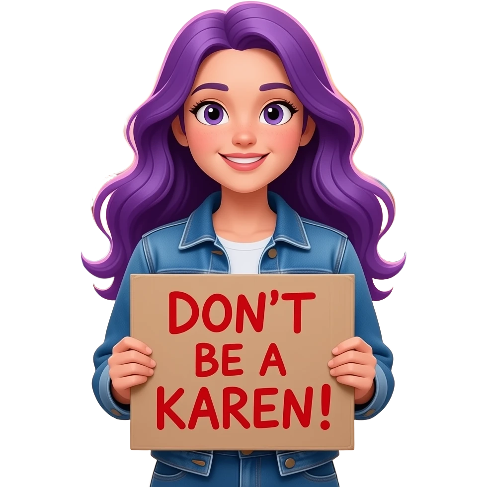 girl with long purple hair holding a Don't be a KAREN! sign emoji