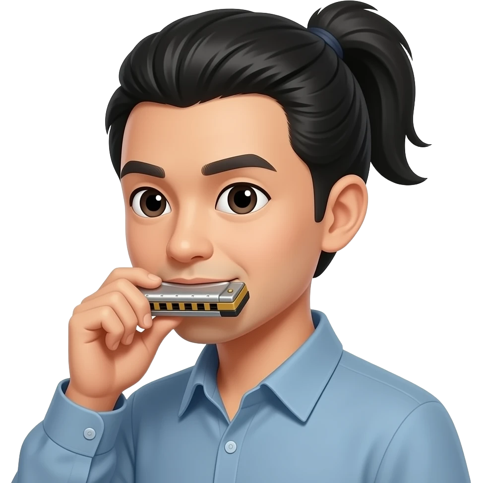 Chinese man with pony tail with harmonica -- https://now.tufts.edu/sites/default/files/uploaded-assets/images/2024-11/241113_leon_li.jpg emoji
