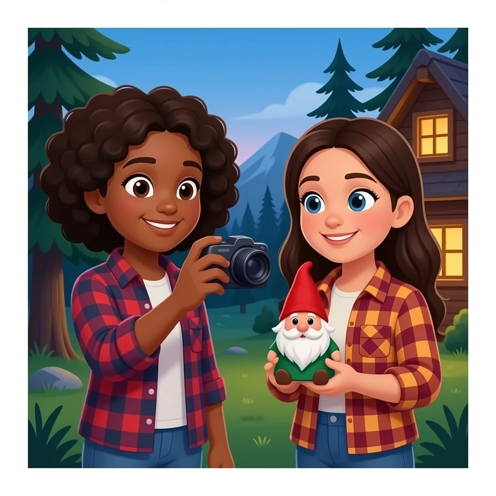 A black girl taking a photo of a spanish girl  holding a small gnome while standing in front of a cabin in the woods. Both wearing flannel in the evening emoji