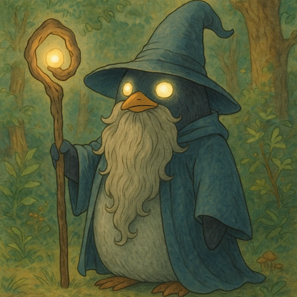 fantasy illustration of a penguin wizard with a long beard, mystical staff, and glowing eyes emoji