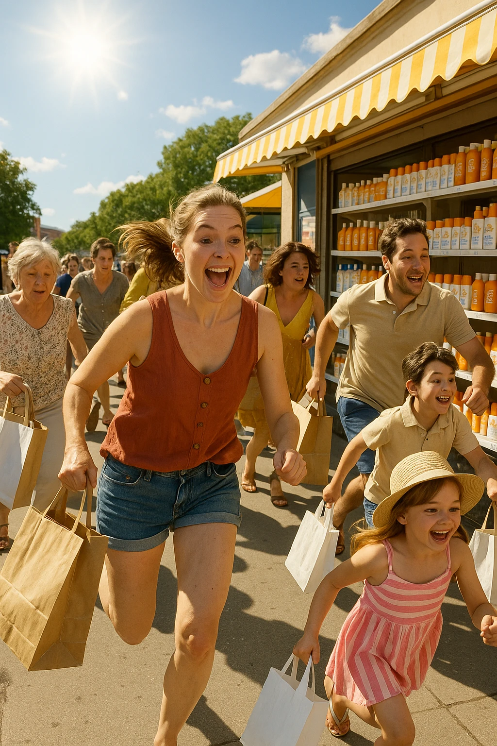 tante persone che corrono a comprare le creme solari in italiano realistiche emoji