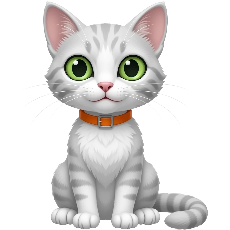 Que tenga más bigote largos, una mirada fría gris y patitas y estómago blanco, collar naranja, boca blanca, patitas blancas con un toque gris. Peludo flaco, bigotes caídos. Ojos verdes, muchos bigotes caidos emoji