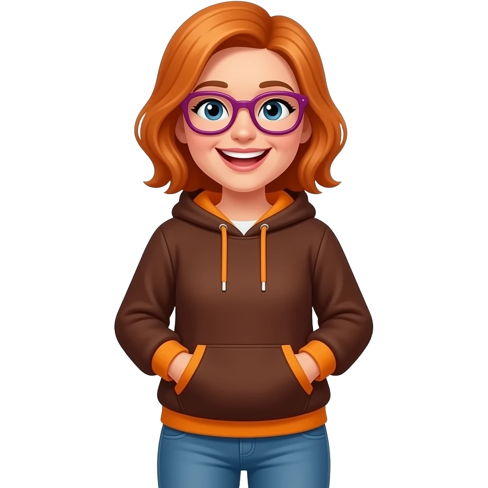 una señora de 38 años con sudadera marron amarangado com pelo amaranjado y pantalones casuales y que se vea joben y que tenga lentes fuccia oscuro emoji
