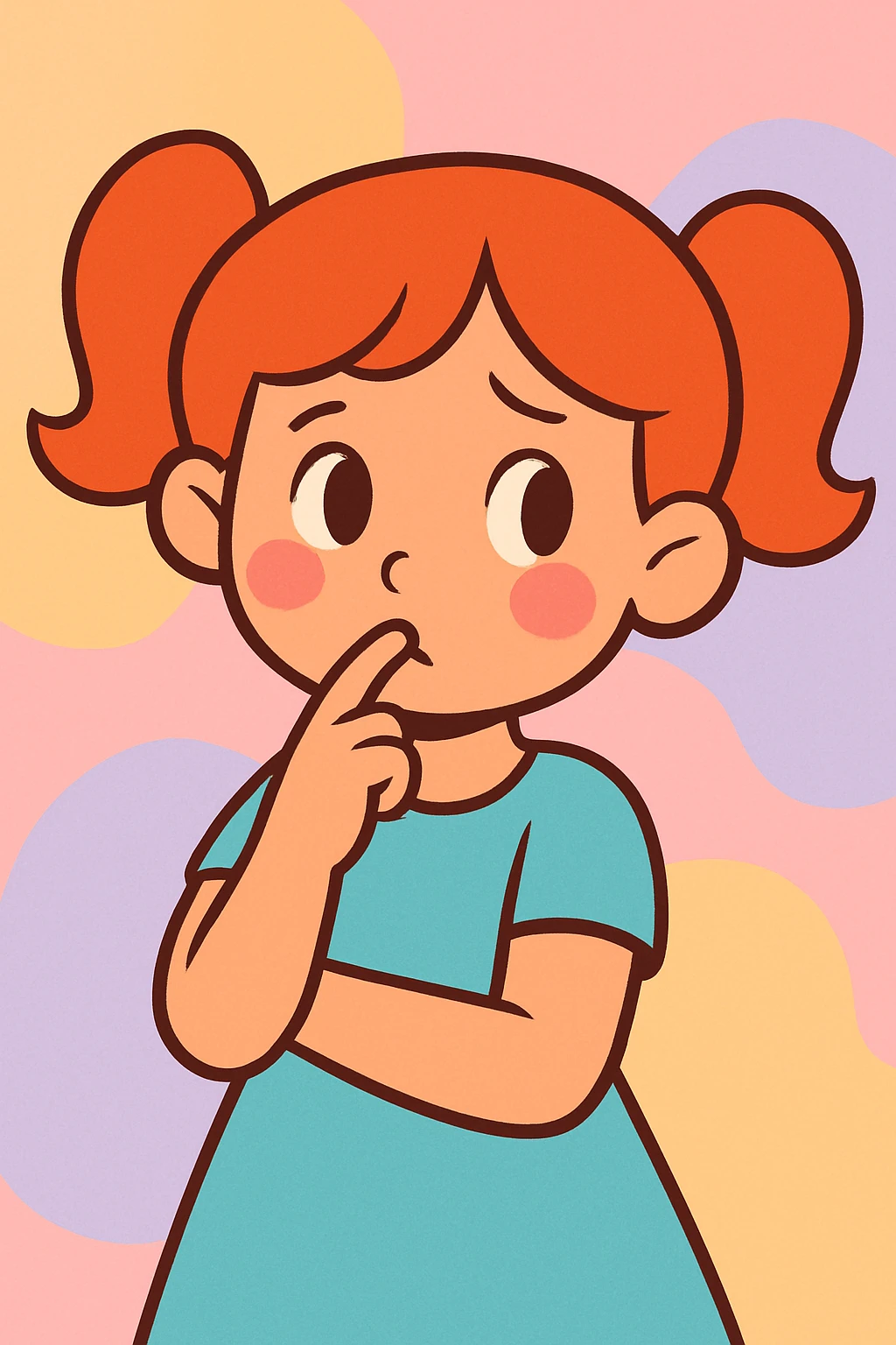cartoon style girl with a finger in her mouth, shy expression, soft pastel colors emoji