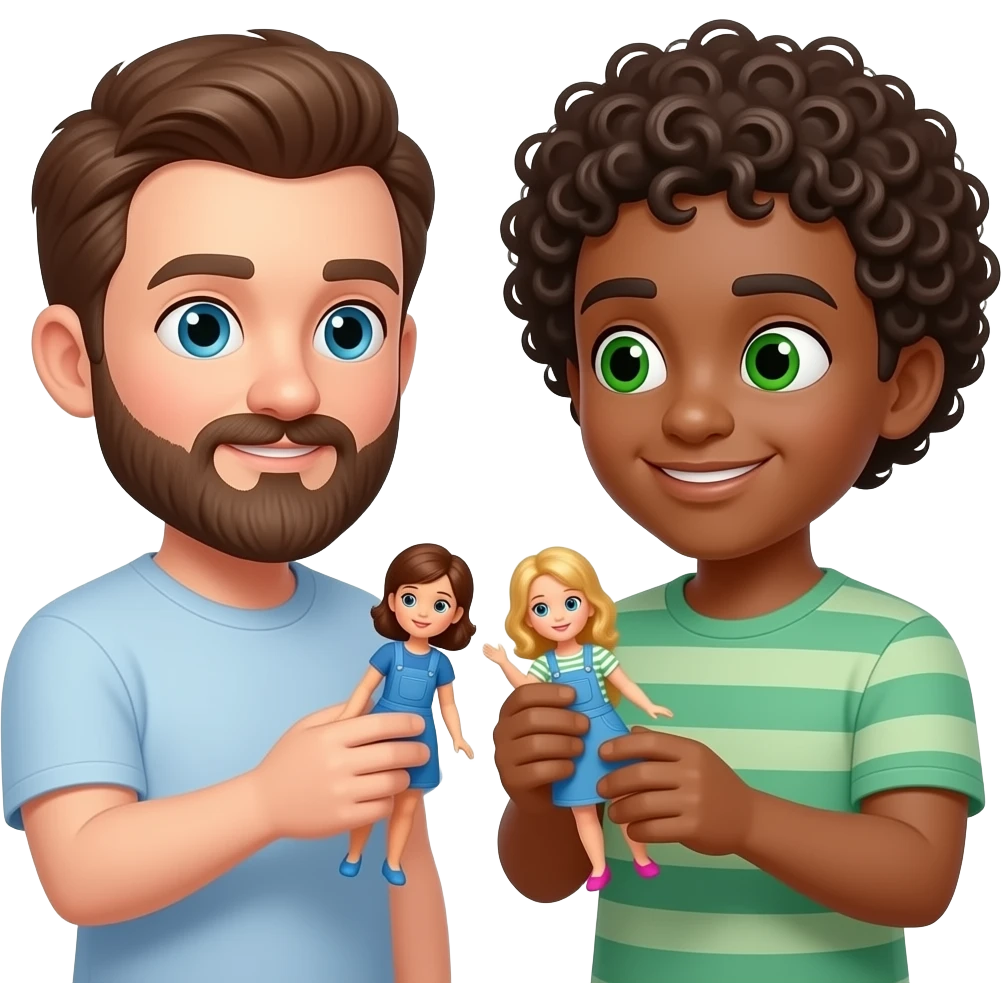 White guy with brown beard and second light brown skin guy green eyes and curly hair playing with dolls emoji
