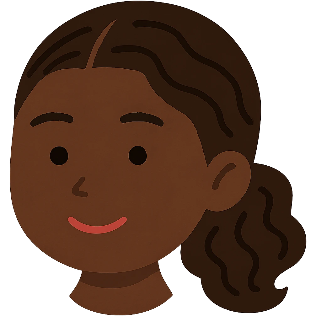 Edit the image to make the skin color much darker while keeping the Irasutoya style with soft colors, a round face, simple features, and a friendly expression. Ensure there is no neck visible and maintain a transparent background. The style should remain consistent with Irasutoya's characteristic look. emoji