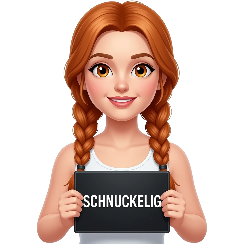 sexy girl with long ginger braids and ginger eyes wearing a white tanktop is holding a black sign with SCHNUCKELIG written on it emoji