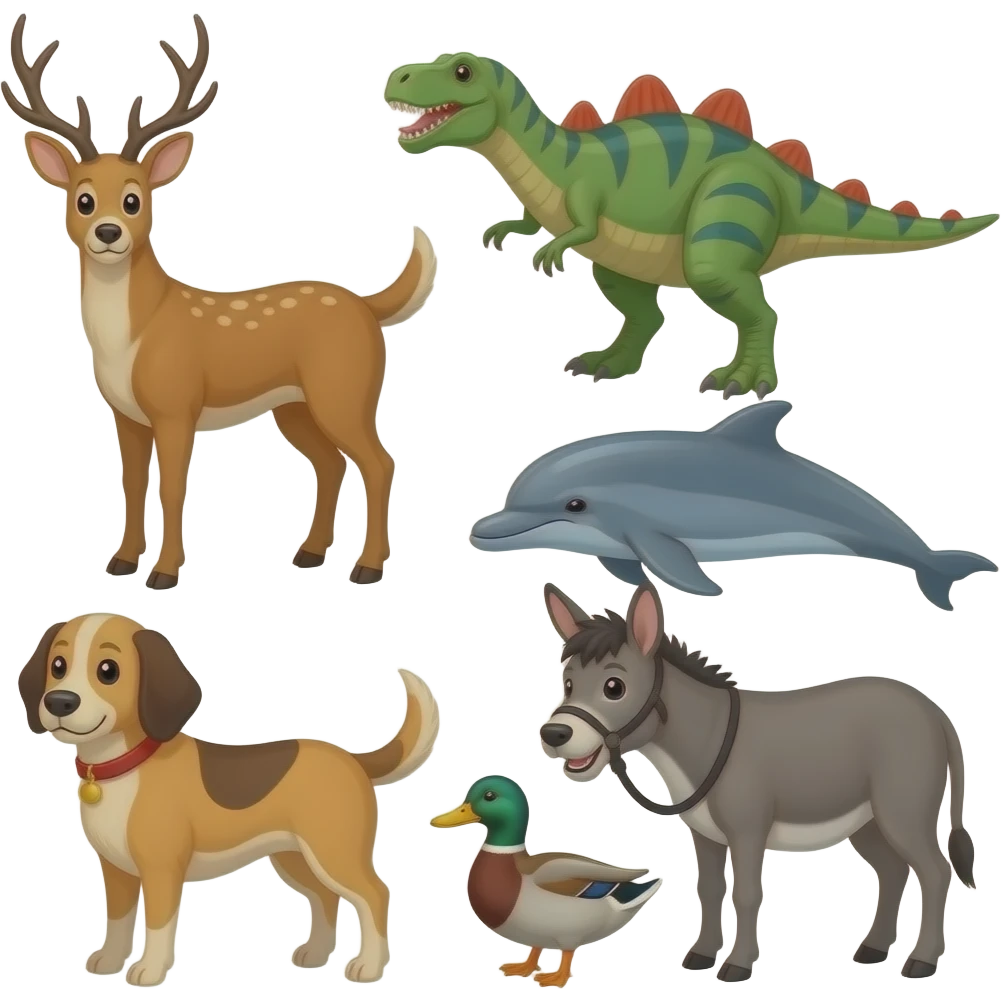 D is for deer, dinosaur, dog, dolphin, donkey, and duck emoji