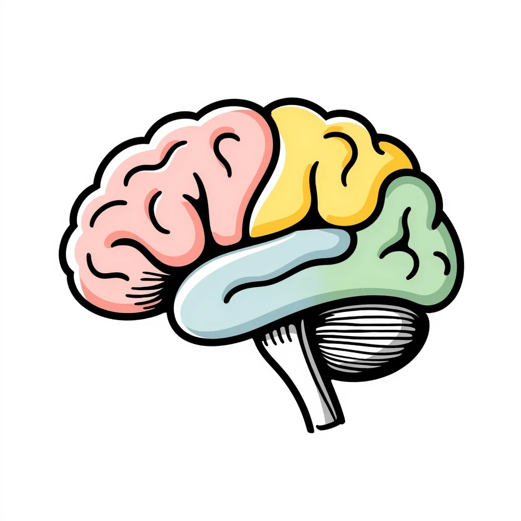 Anatomical brain diagram with colored regions: cerebrum in pink, cerebellum in yellow, brain stem in green, and frontal lobe in light blue. Detailed hand-drawn medical illustration with labeled major parts and lobes. emoji