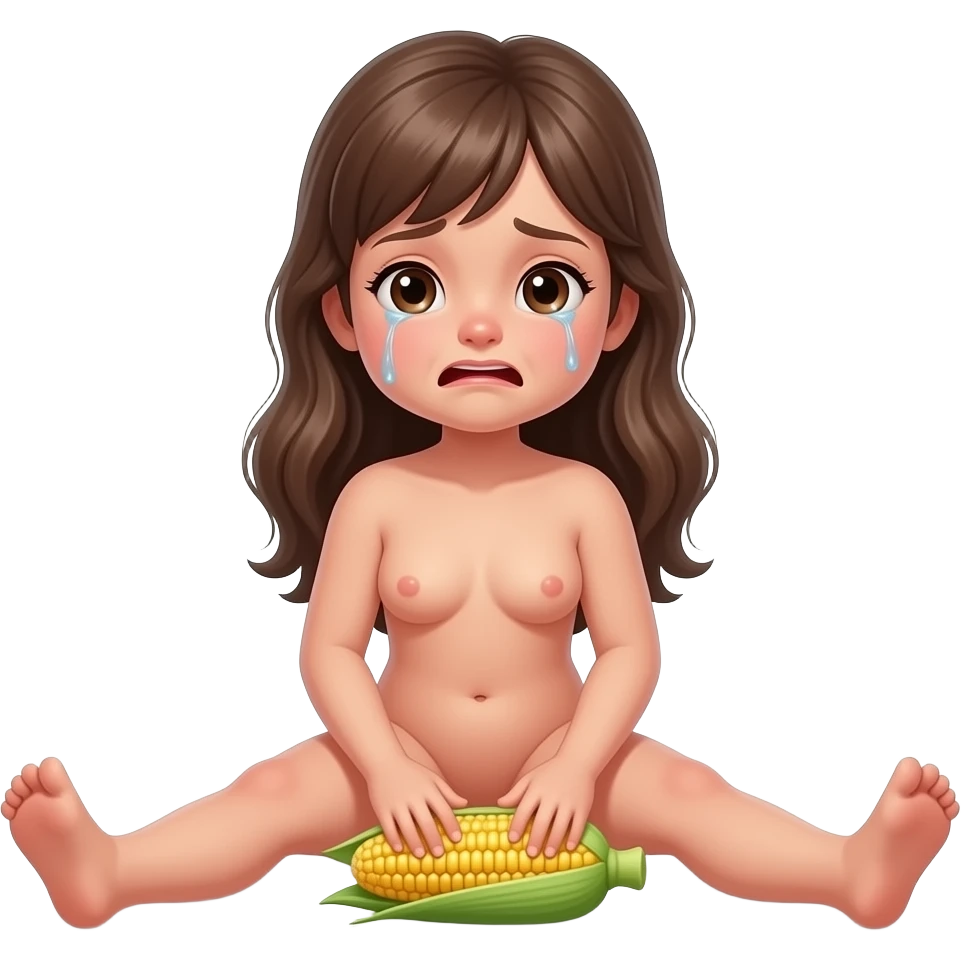 Full body, small little nude girl, flat chest, crying thin hips and ass, thin pussy, middle age 30 long hair long legs, sitting legs spread  playing with corn realistic emoji
